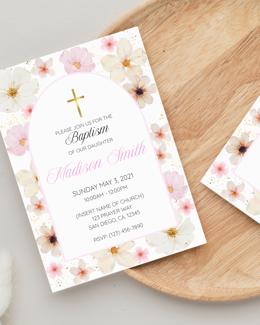 Pink Pressed Flowers Baptism Invitation - Digital Download