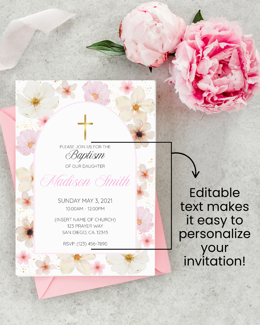 Pink Pressed Flowers Baptism Invitation - Digital Download