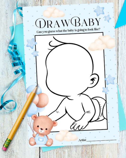 Blue Teddy Baby Shower Game - 'Draw Baby'