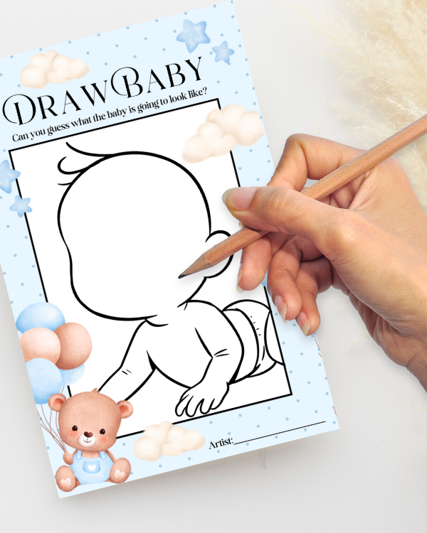 Blue Teddy Baby Shower Game - 'Draw Baby'