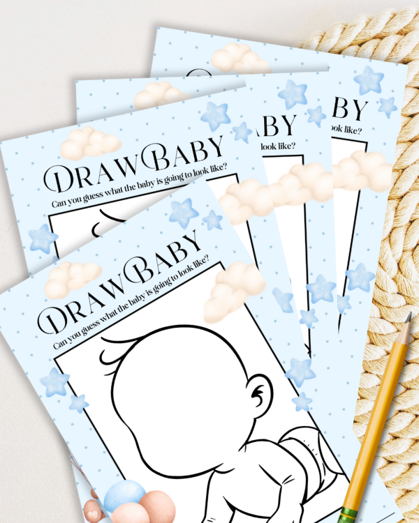 Blue Teddy Baby Shower Game - 'Draw Baby'