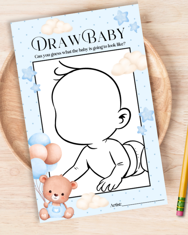 Blue Teddy Baby Shower Game - 'Draw Baby'