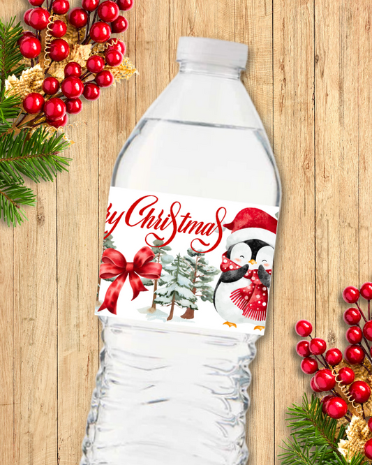 Christmas Penguins Water Bottle Labels