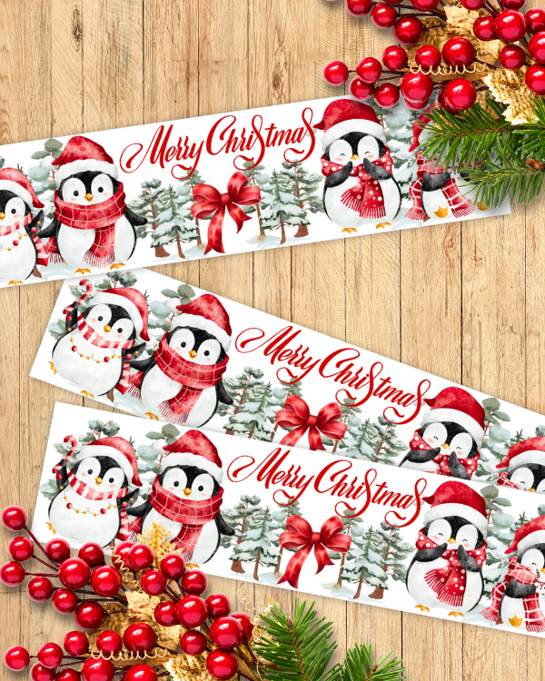 Christmas Penguins Water Bottle Labels