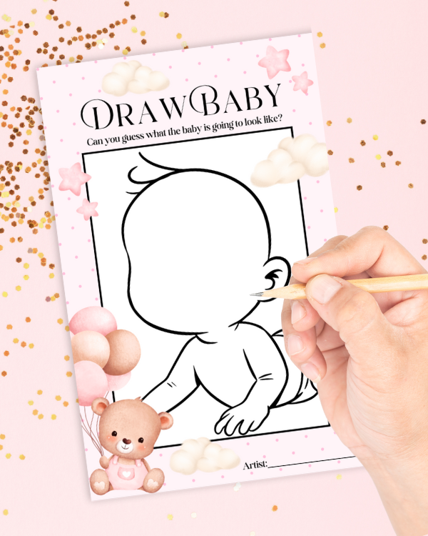 Pink Teddy Baby Shower Game - 'Draw Baby'