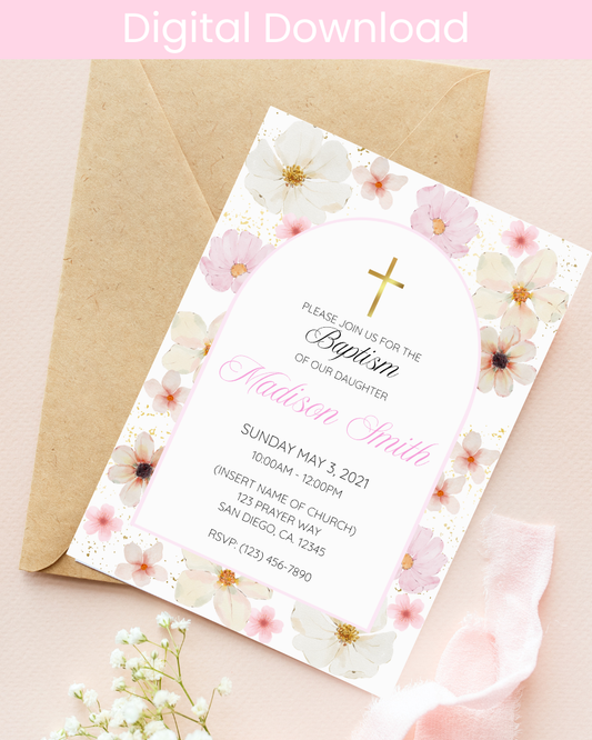 Pink Pressed Flowers Baptism Invitation - Digital Download
