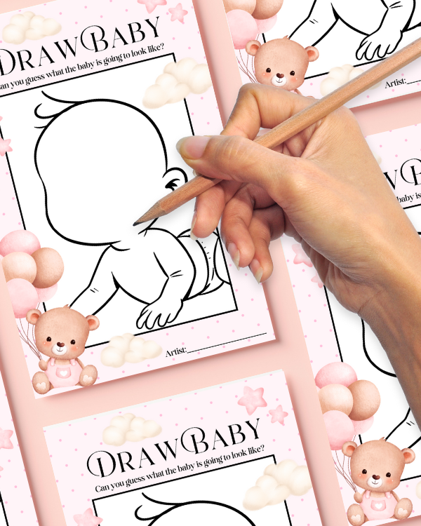 Pink Teddy Baby Shower Game - 'Draw Baby'