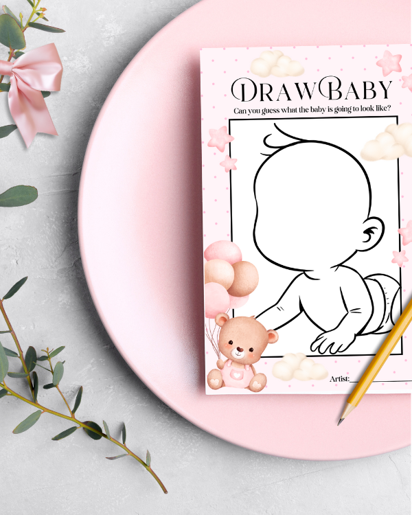 Pink Teddy Baby Shower Game - 'Draw Baby'