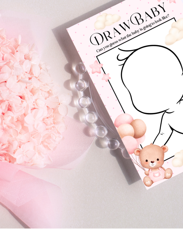 Pink Teddy Baby Shower Game - 'Draw Baby'