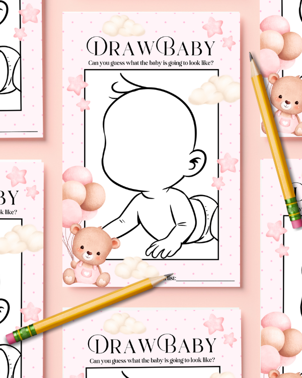 Pink Teddy Baby Shower Game - 'Draw Baby'