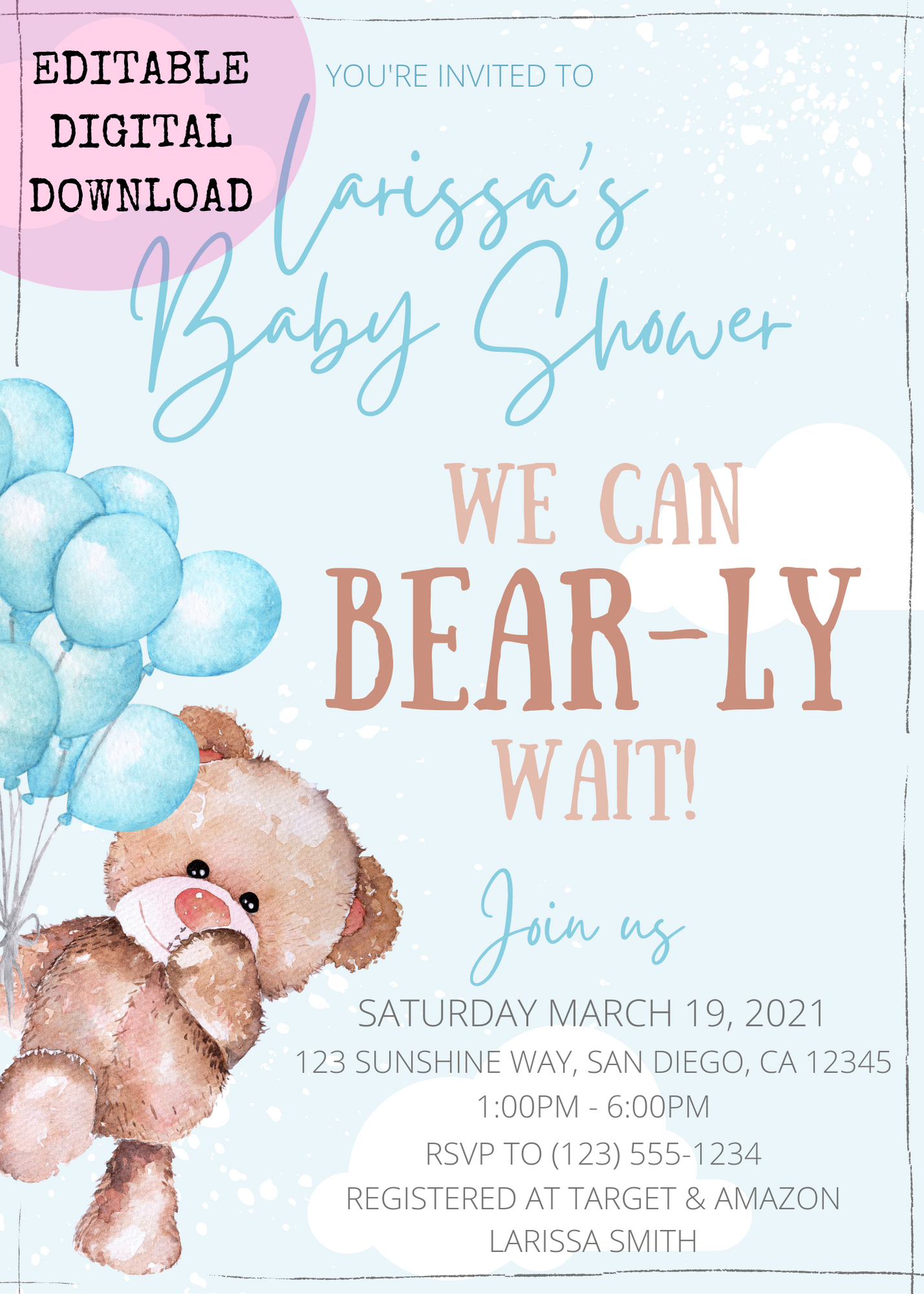 Blue Teddy Bear Digital Invitation